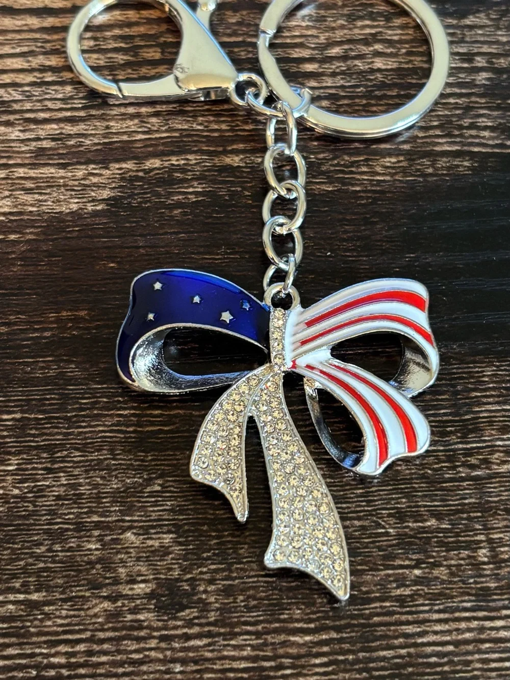 Patriotic Bow Keychain with Rhinestones in Silver Tone